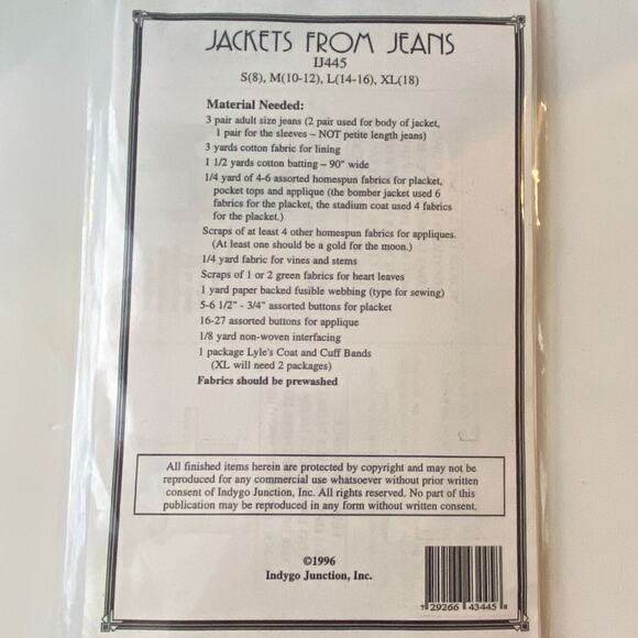 Indygo Junction IJ445 Pattern Jacket From Jeans Uncut Vintage Sewing Craft - Picture 4 of 6